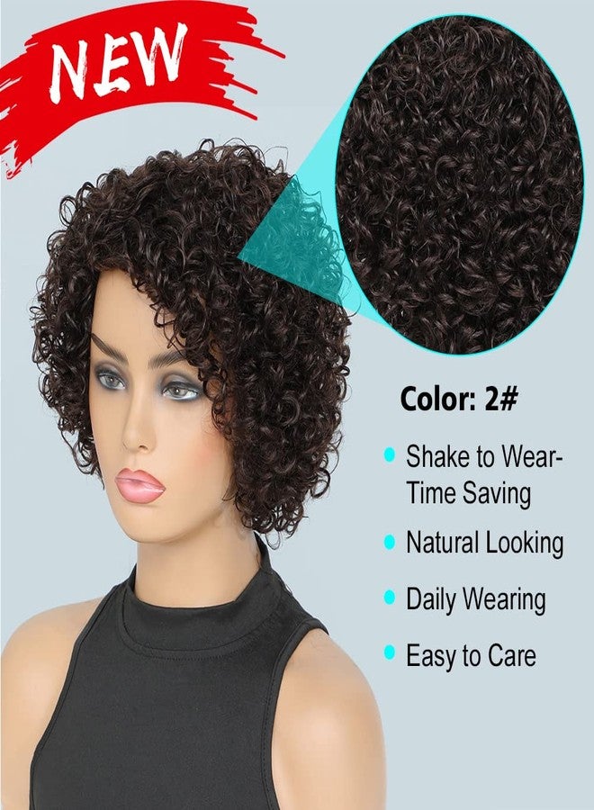 UDU Short Curly Human Hair Wigs For Black Women Dark Brown Human Hair Curly Wigs Non Lace Glueless Wigs Human Hair Side Part Wigs (2#) - Image 2